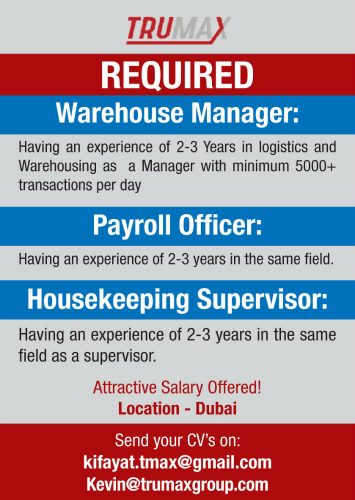 VACANCIES – REQUIRED Warehouse Manager