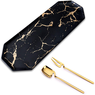 Baroque Royal Black Ceramic Serving Platter Tray with Gold Marble Pattern – Dessert Flatware Set