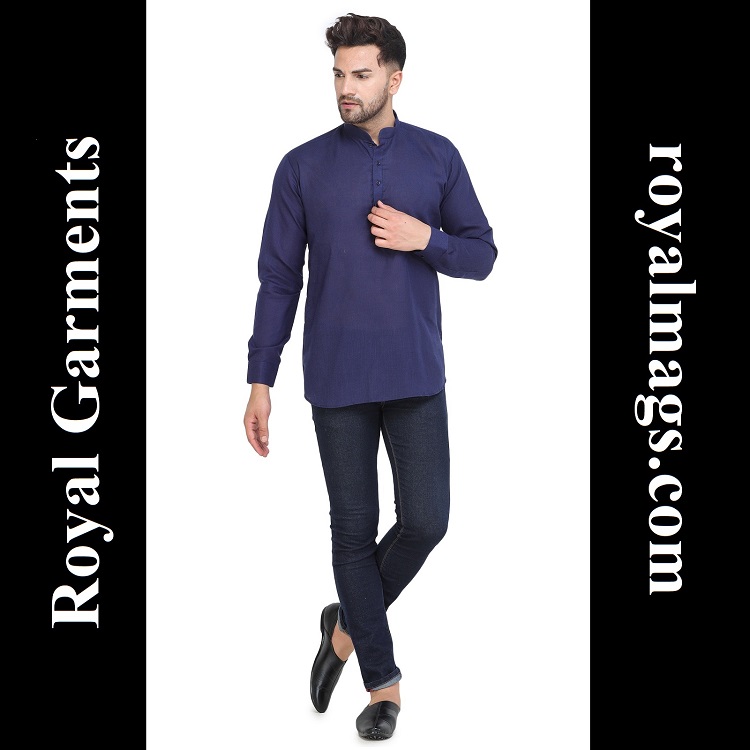 Navy Blue Casual Cotton Blend Short kurta for men