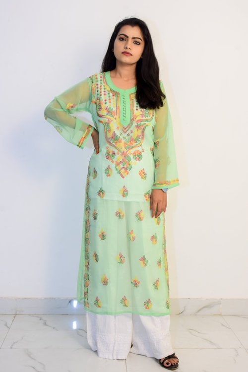 Buy Hand Embroidered Lucknowi Chikan Kurti With Palazzo Light Green